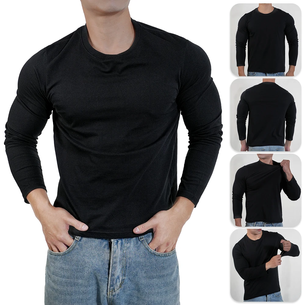 Plus Size T Shirt For Men Long Sleeve Cotton Casual Tops Black White Crew Round Neck T-shirt Man Tshirts Clothing M-3XL