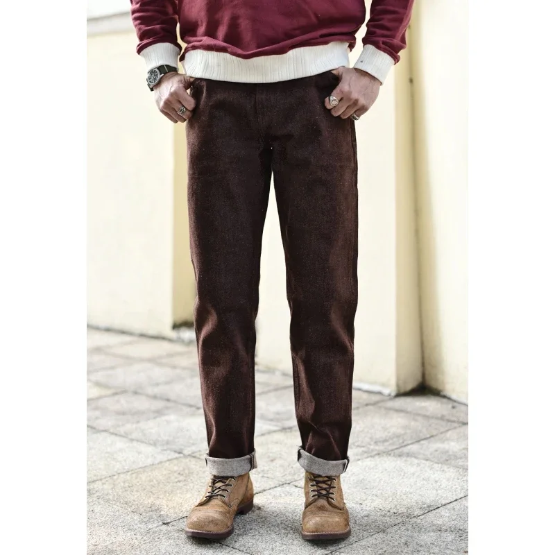 Saucezhan Men Jeans Brown Jeans Men Jeans Trousers Selvedge Denim Jeans for Men Taper Fit Mens Jeans vintage 13.8 Oz