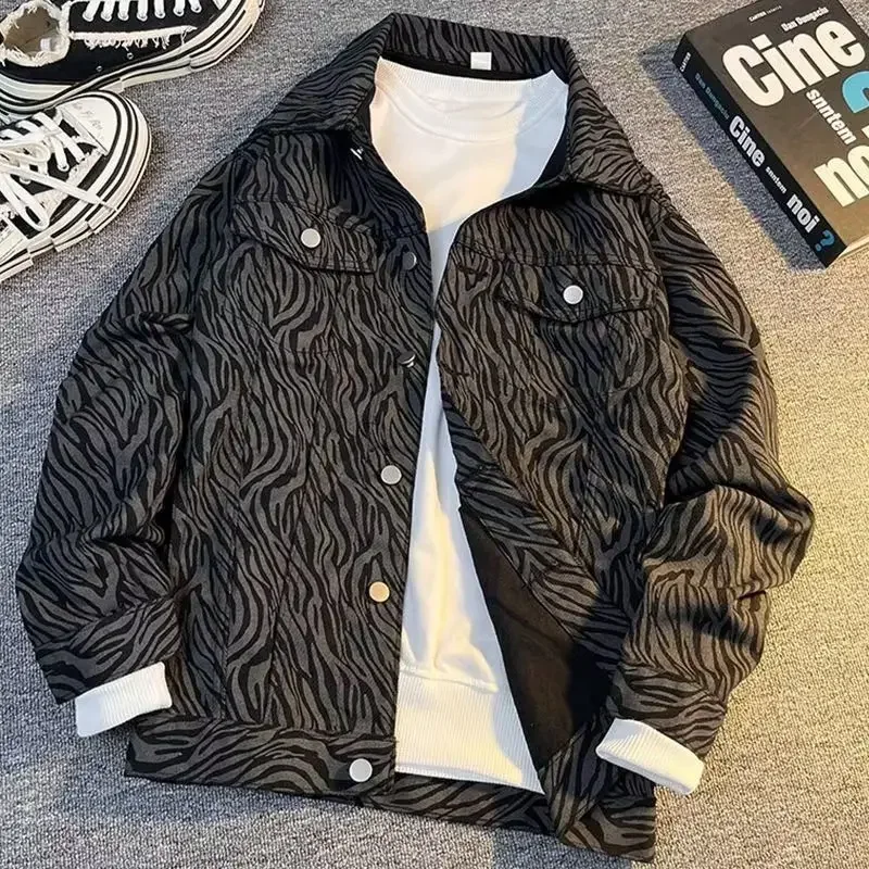 Men's Denim Jacket Stripe Hip Hop Male Jean Coats Black Korean Style Size L Clothing Big Original Menswear Elatic Rock Cowboy G