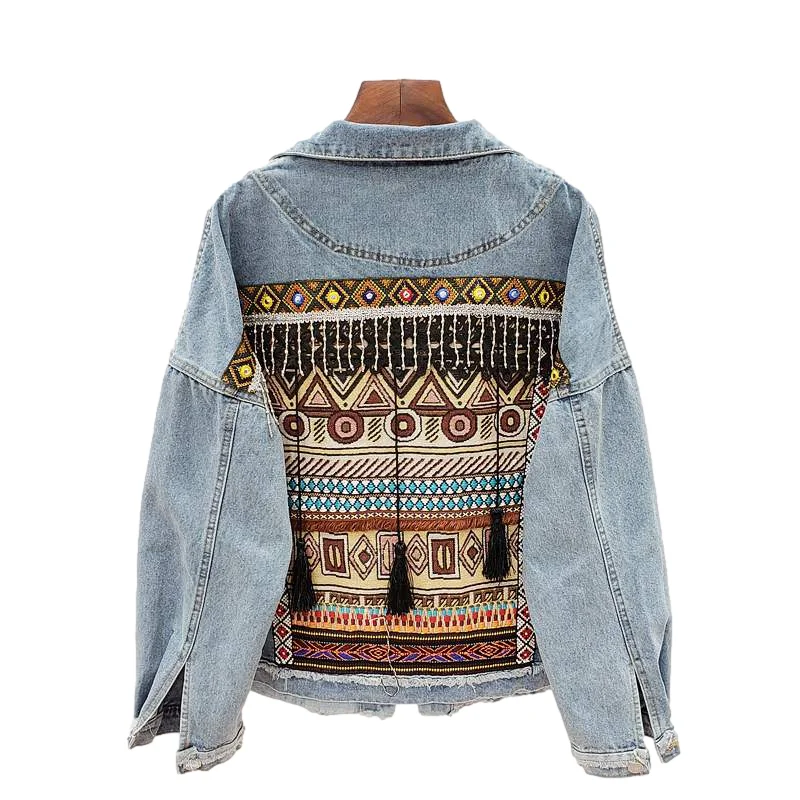 Autumn Korean Embroidery Tassel Denim Jackets Women Loose Casual Blue Cowboy Outerwear Frayed Hem Big Pocket Jeans Jacket Female