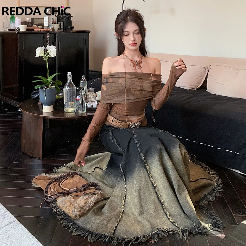 ReddaChic Frayed Patchwork Denim Maxi Skirt Women Retro Black Wash High Waist Fishtail Mermaid Long Jeans Skirt Y2k Streetwear