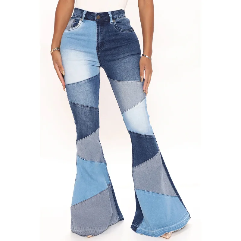 Women Flare Jeans Casual Pants Pannelled Collision Fashional High Waist Fit Female High Quality