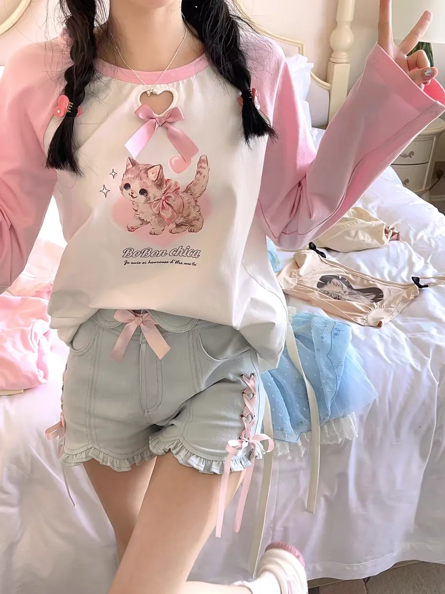 Princess sweet lolita bobon21 Vital Girl Bow Tie cute lace Denim Shorts