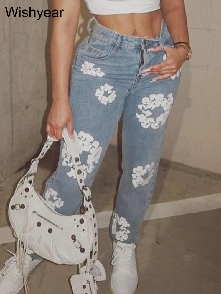 Fashion Spring Cotton stretch Flower Print Blue Jeans Women Casual High Waist All Match Hipster Skinny Denim Trousers Streetwear