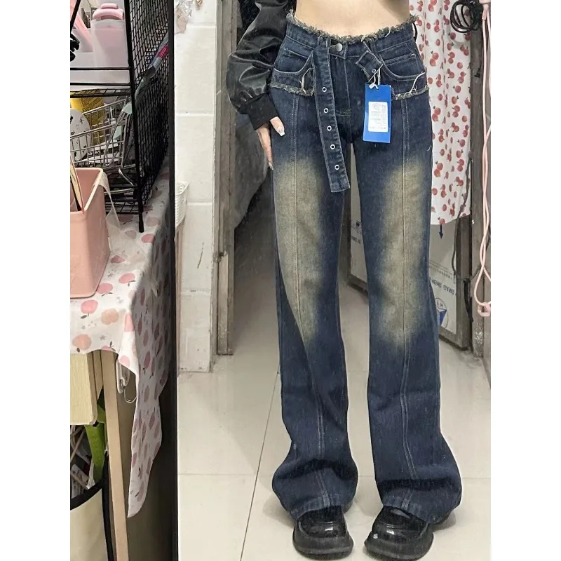 2023 New Style Retro Blue Straight Jeans with Frayed Lace Belt for Women Denim Pants Slimming Loose Wide Leg Mop Pants Female