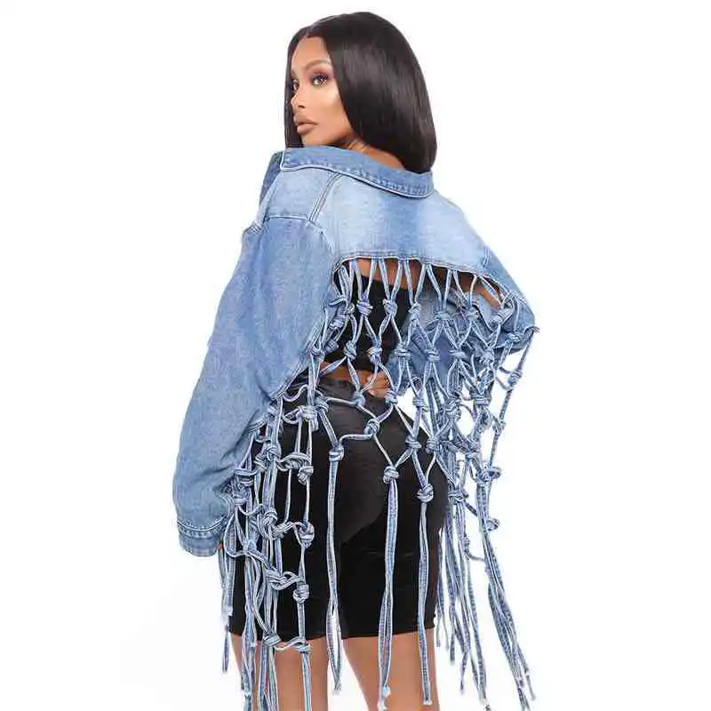 Women Denim Jacket Back Grid Fringe Design Denim Jacket Ladies Spring and Fall Fashion Short Personalized Jacket Coat 2024 New
