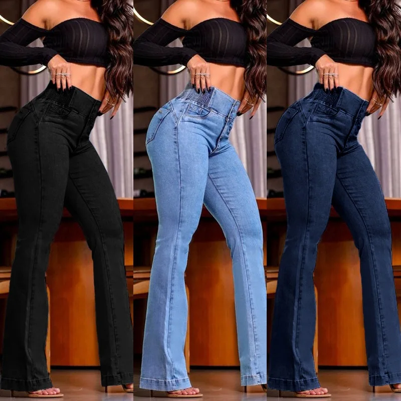 New Mid Waist Trousers Loose Washed Jeans Pockets Slim Denim Flare Classic Women Vintage Stretch Straight Denim Trousers