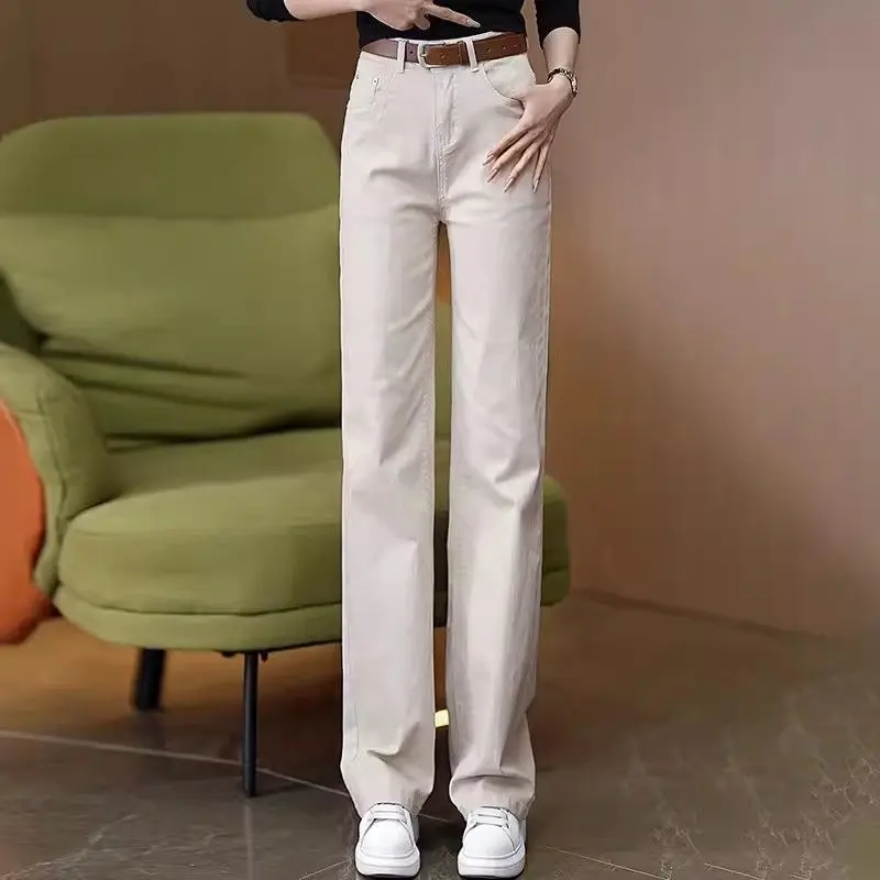 Spring Autumn New Cotton Jeans Women Solid Color Zip Fastener Patchwork Button Straight Pants Elegant High Waist Chic Trousers