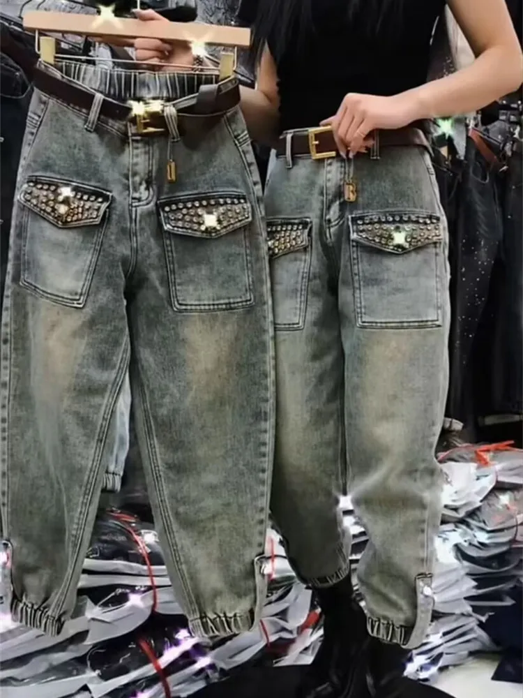 Hot Drilling Loose Denim Harem Pants Women 2024 New Spring High Waist Jeans Baggy Pants 4XL