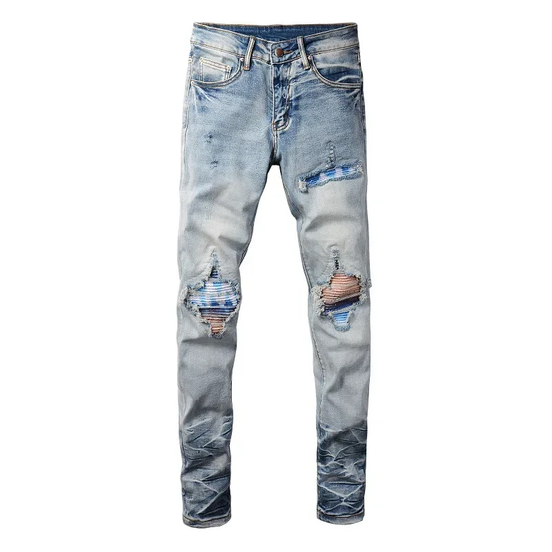 Men's European and American Fashion New Autumn 2024 Retro Frayed and Ripped Stretchy Slim-fit High-street Skinny Jeans.