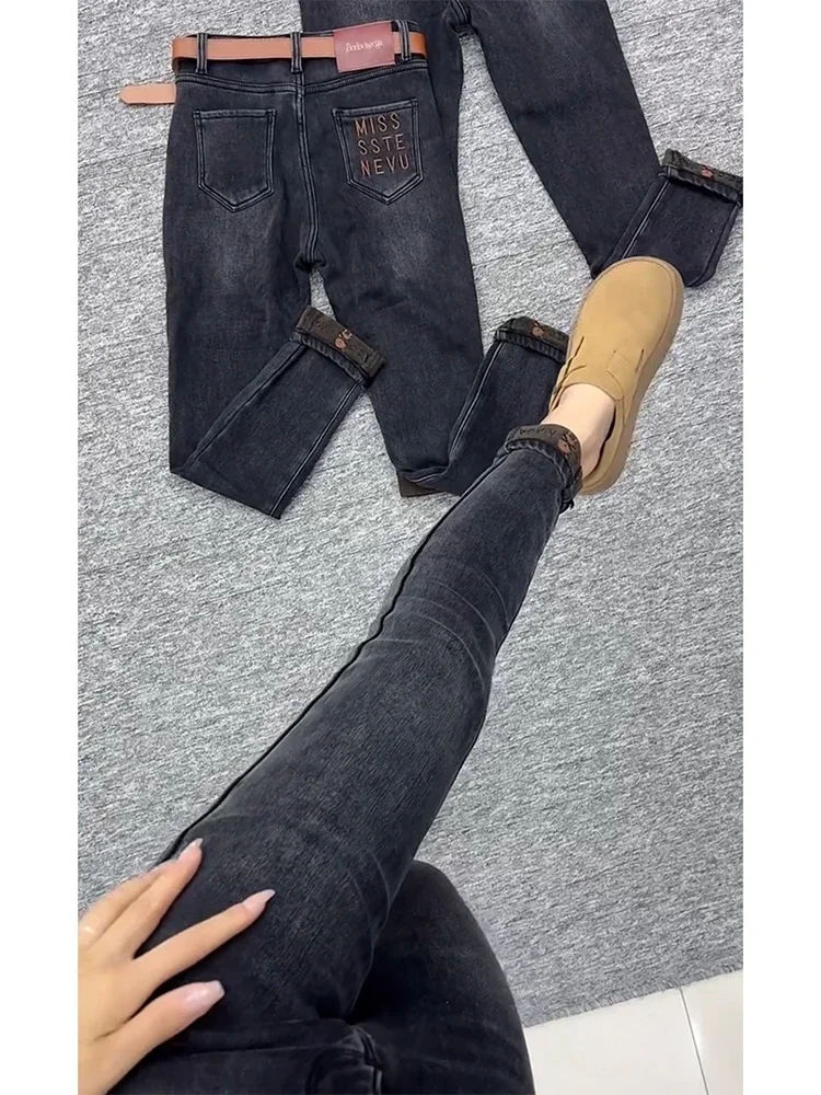 Plus Size Women's Padded Stretch Retro High-waisted Small-legged Jeans Winter Velvet Slim Versatile Cropped Pencil Pants