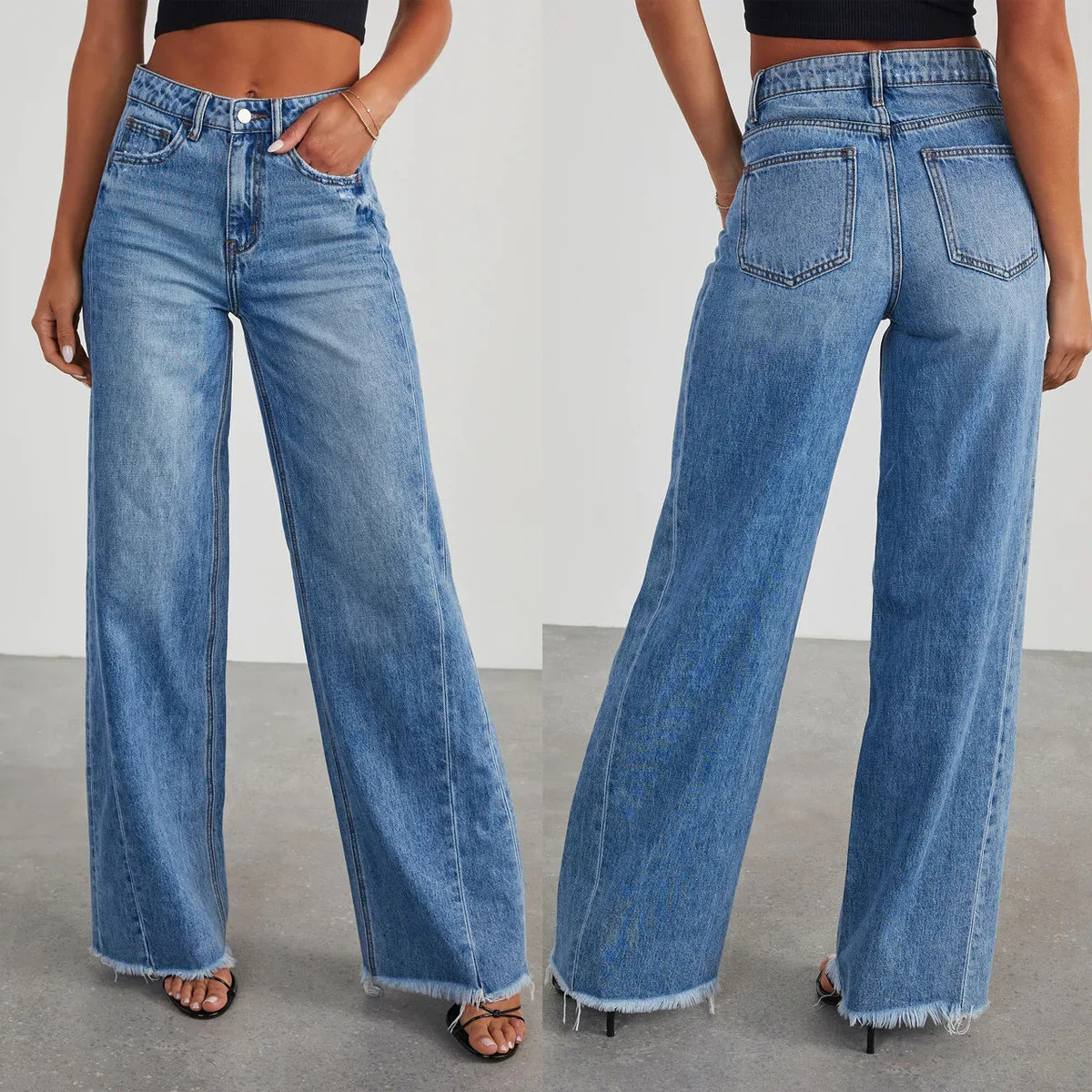 Korean Style Trendy Retro Women's Straight Leg Jeans Casual Loose Wide Leg Jeans Side Seam Splicing Women's Clothing Denim Pants