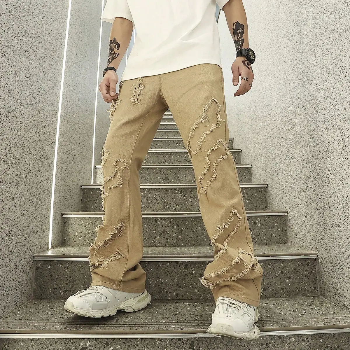 Men bell-bottom Jeans Trousers Fashion Vintage Frayed Patchwork Color Block Denim Pants Men Casual Trousers Ripped Bottoms
