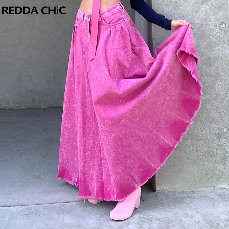 REDDACHiC Y2k Women Pleated Denim Maxi Skirt Pink Tie Dye High Waist Tall Girl Floor Long Jeans Skirt Korean Dongdaemun Clothing