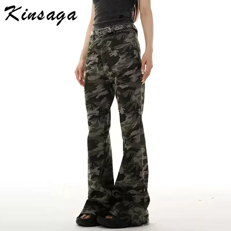 Women American High Street Boot-Cut Camouflage Cargo Pants Vintage Boyfriend Couple's Frayed Hem Casual Luxury Micro Flare Pants