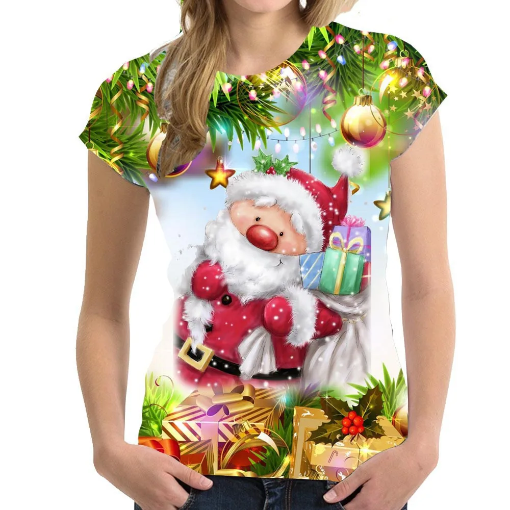 Santa Claus Printed T Shirt For Women 3D Christmas Tree Tees Casual O-neck Loose Short Sleeve Tops New Year Party X'mas Clothing