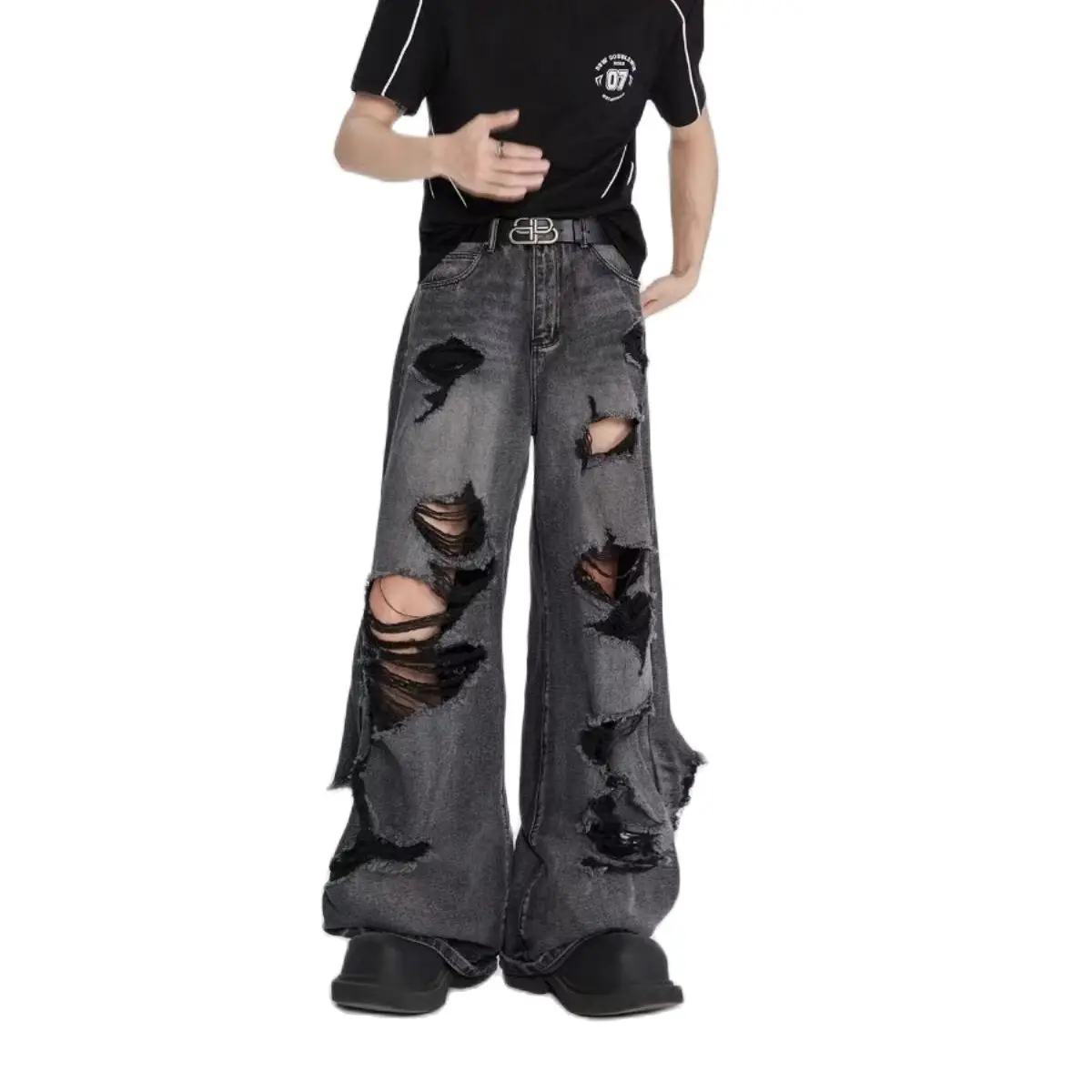 Men's Jeans Wide Leg Denim Pants Fashion Loose Ripped Jeans Straight Streetwear Casual Trousers Hip Hop Pants Male