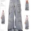 Women's Light Blue Y2k Cargo Jeans Harajuku Denim Trousers Aesthetic Y2k Jean Pants Vintage Japanese 2000s Style Trashy Clothes