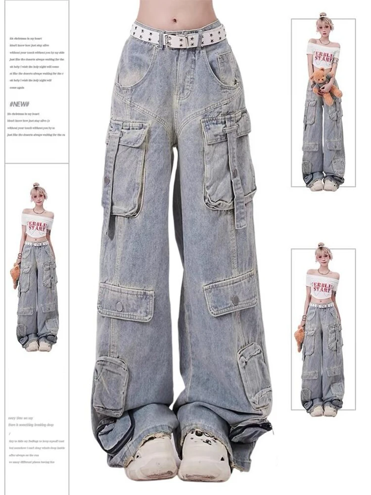 Women's Light Blue Y2k Cargo Jeans Harajuku Denim Trousers Aesthetic Y2k Jean Pants Vintage Japanese 2000s Style Trashy Clothes