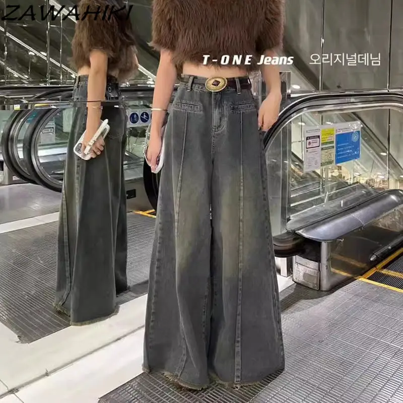 Baggy Jeans Y2K Aesthetic Vintage Casual Distressed Frayed Wide Leg Spring Fall High Waist Straight Solid Color Chic Denim Pants