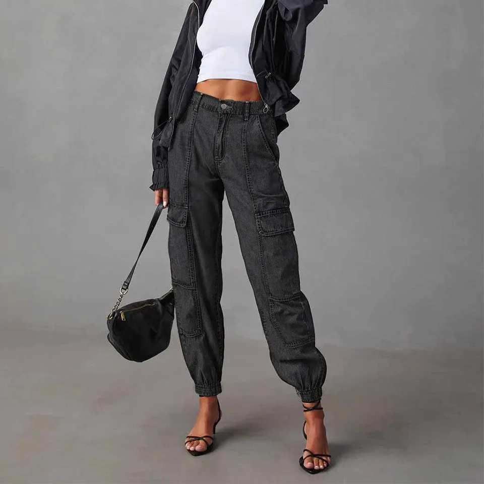 Cargo Jeans Women's New Autumn Fashion Casual Loose Elastic Waist Denim Small Foot Pants，Bunch of Foot Jeans with Pockets Y2k