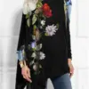 New Rose Printed Long Sleeve Black Top Women's Loose T-shirt Elegant Autumn High Neck Top