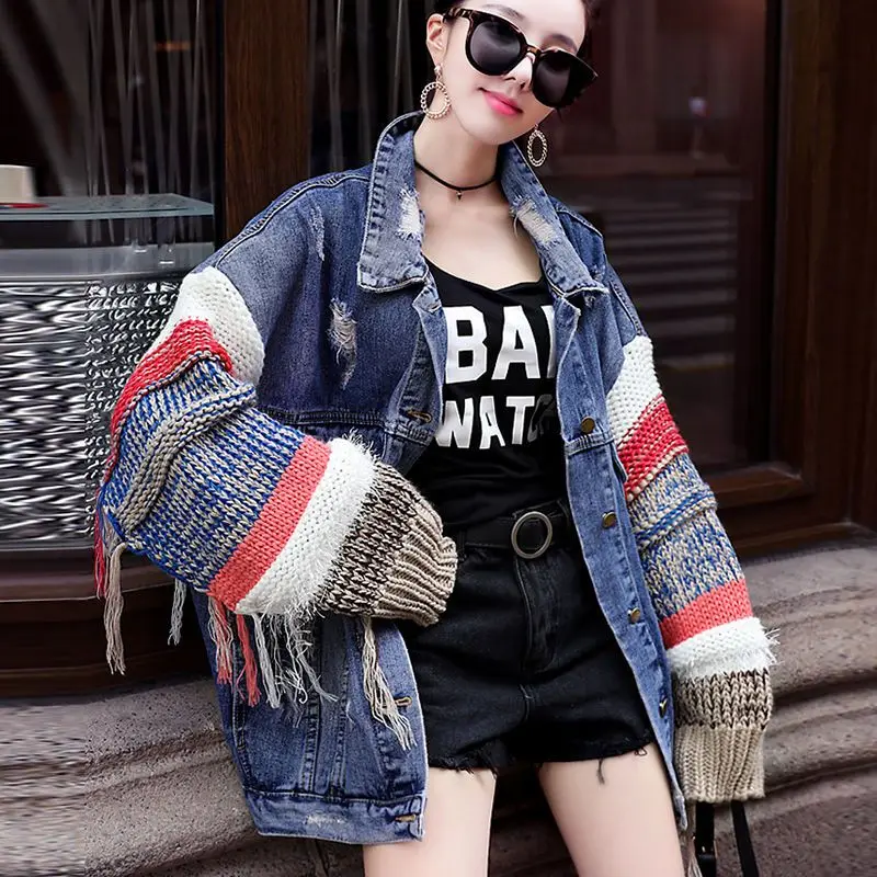 Women Fringed Knitted Sleeve Splicing Jeans Jacket Loose Autumn Winter Denim Spliced Coat Tassels Single Breasted Streetwear