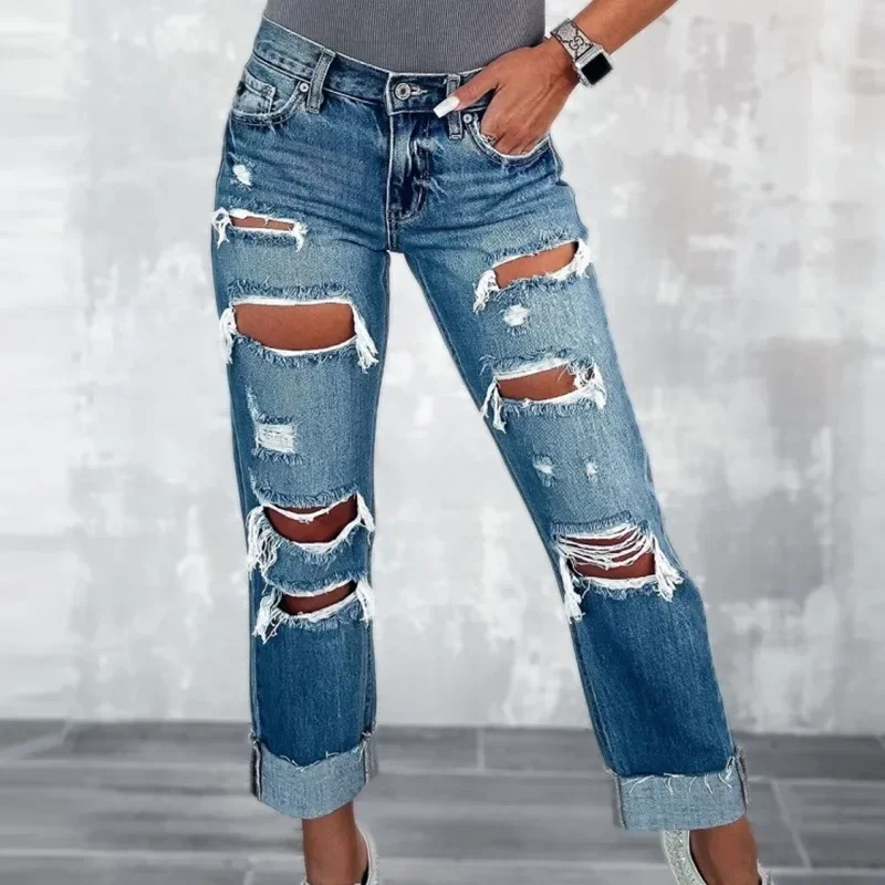 Street Style Jeans Trousers Hole Streetwear Y2K Leisure Ripped Jeans Women High Waist Straight-Leg Pants Denim Pants