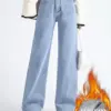 Winter Warm Baggy Straight Jeans Women Casual Thicken Velvet Lined Wide Leg Denim Pants Korean Vintage Solid High Waist Vaqueros