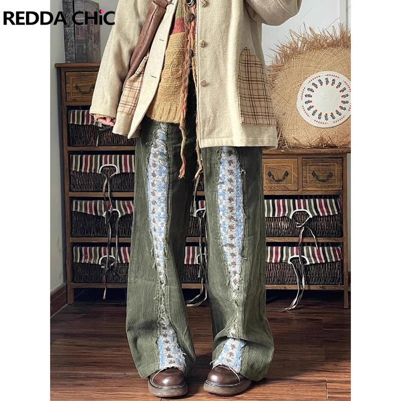 ReddaChic Colorful Knitted Corduroy Pants Women Retro Green Striped Wide Leg Frayed Patchwork Trousers Fall Winter Boho Clothes
