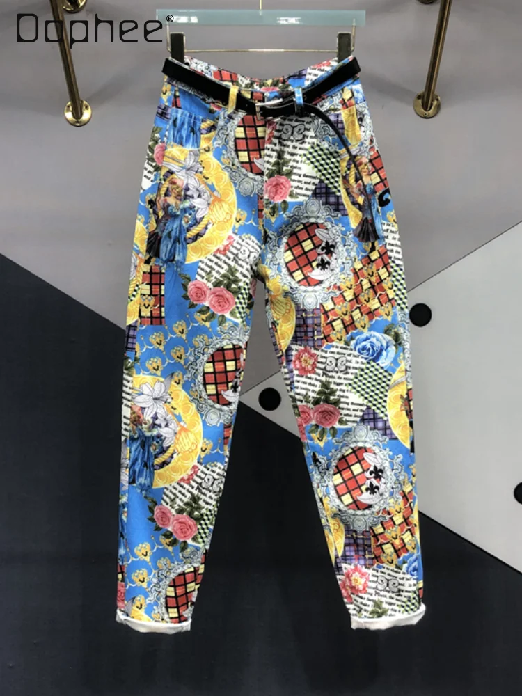Color Printing Dyeing Flower Jeans for Women 2024 Spring New Versatile High Waist Jeans Slimming Curling Tappered Harem Pants