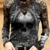 Gothic Skull Flower Tops Women Hollow Lace Long Sleeve Tee Sexy Girls Vintage Slim T Shirts