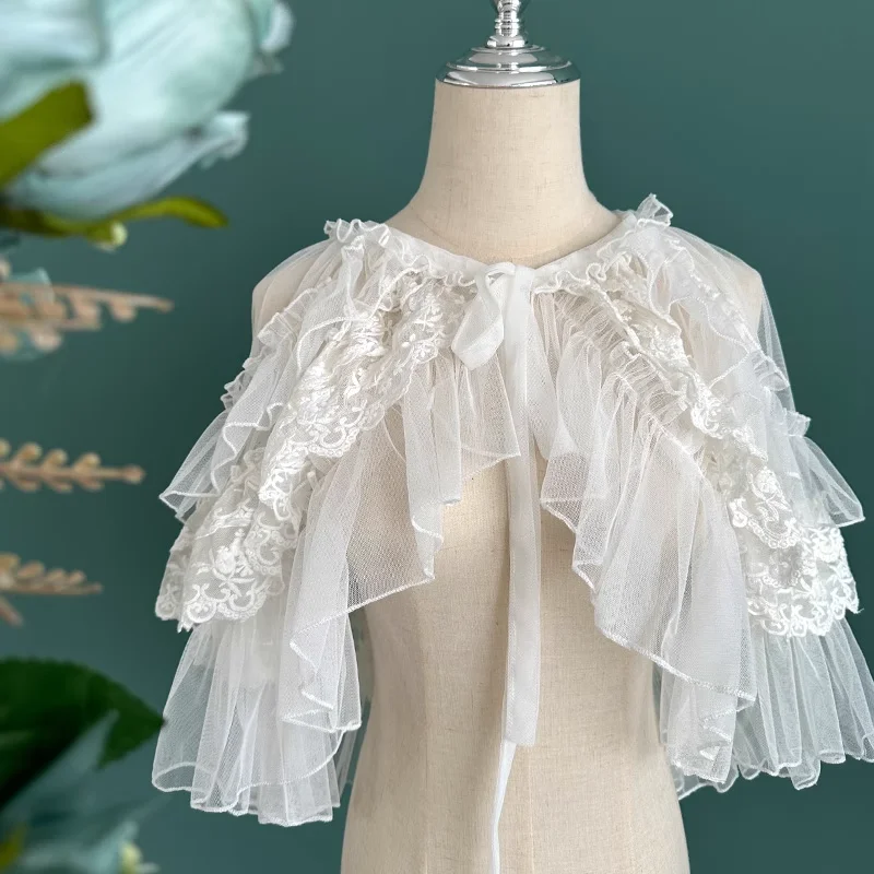 Gothic Retro White Lolita Short Shawl Coat Women Sweet Kawaii Lace Mesh Poncho Cute Princess OP Capes Cardigan Vest