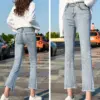 New Fashion Blue Fur-lined Ankle-Lenght High Waisted Jeans Woman Casual Lim-Fit Denim Trousers Female Girls Vintage Bell-bottoms