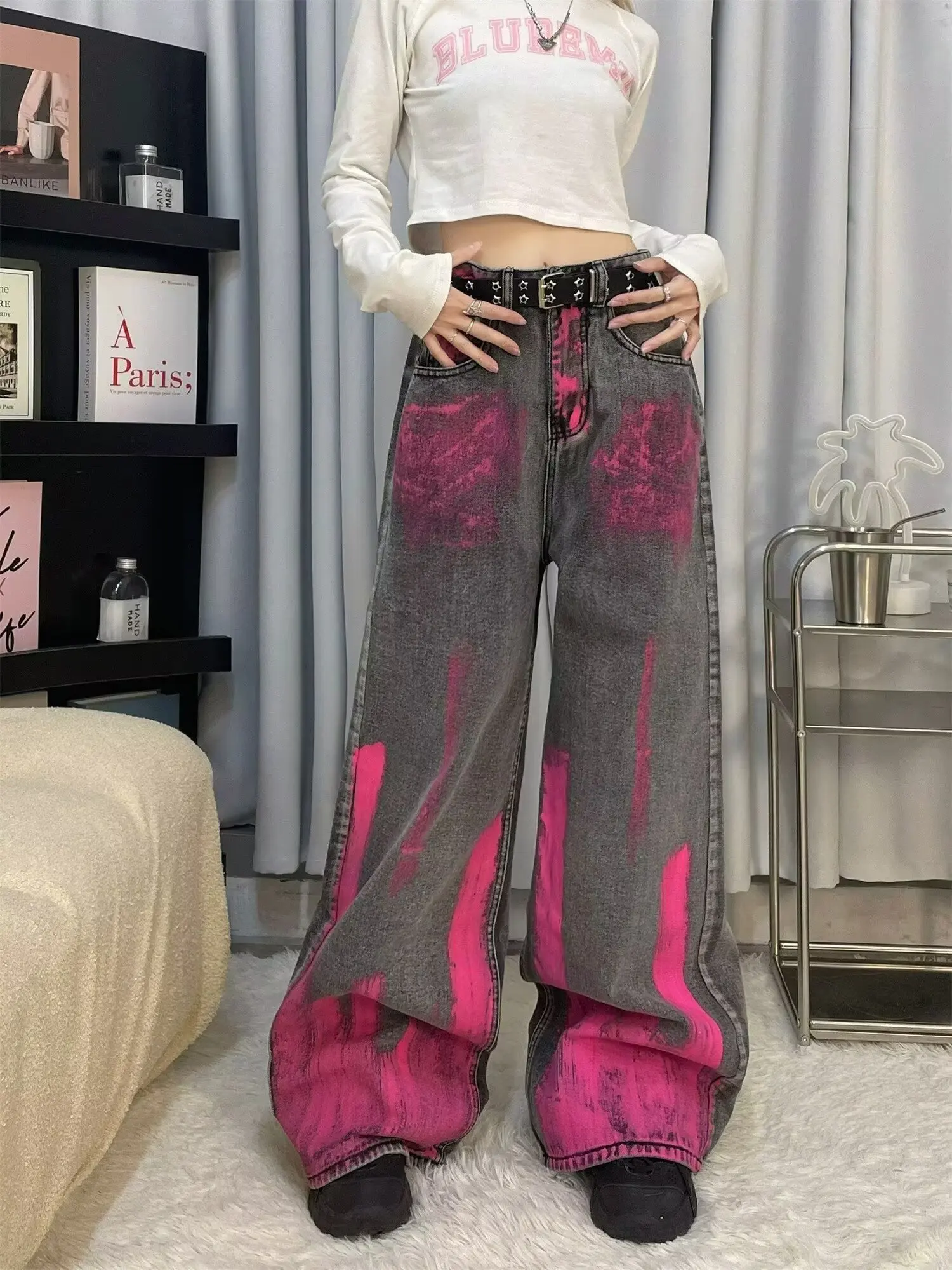 American Vintage Design Jeans Women's Stain Graffiti Pattern Casual Denim Trousers Female High Waisted Loose Straight Pants