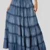 Fashion Blue High Waist Spring Summer Pleated Long Skirt Vintage Korean Denim Skirts Women Elegant A-line Umbrella Jeans Skirt