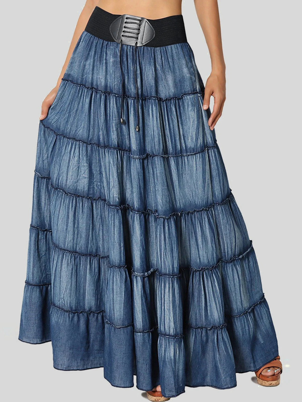 Fashion Blue High Waist Spring Summer Pleated Long Skirt Vintage Korean Denim Skirts Women Elegant A-line Umbrella Jeans Skirt