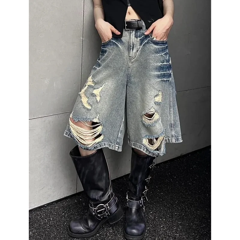 Women Short Jeans Blue American Ripped Y2K Straight Streetwear Wide Leg Pants High Waist Female Summer Knee Length Denim Shorts