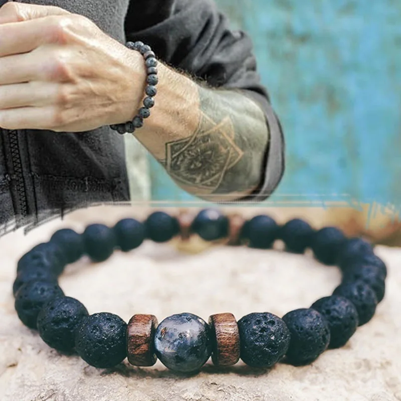 Natural Volcanic Stone Bracelets Charms Men Black Lava Matte Beads Bangles Women Yoga Prayer Jewelry Gift Cute Hand Bracelet