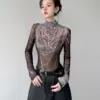 Graphic Long Sleeve T Shirts Women Gauze Transparent Slim Mesh Mock Neck Fashion Y2K Top Female Aesthetic Grunge Sexy Crop Tops