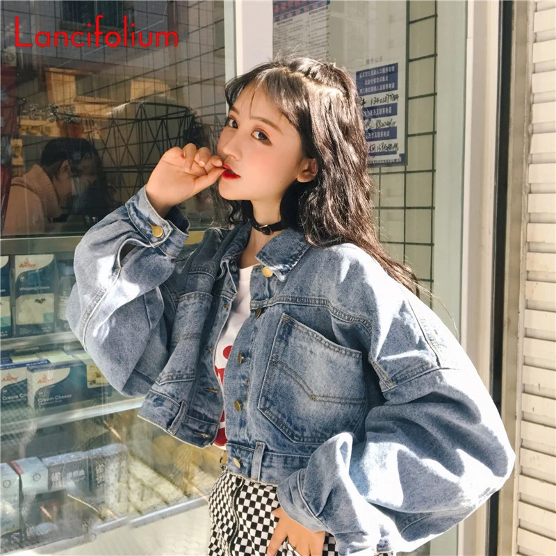 Chic Oversized Cropped Denim Jacket Vintage Crop Top Button Pocket Batwing Sleeve Korean Baggy Jeans Jackets Women Spring