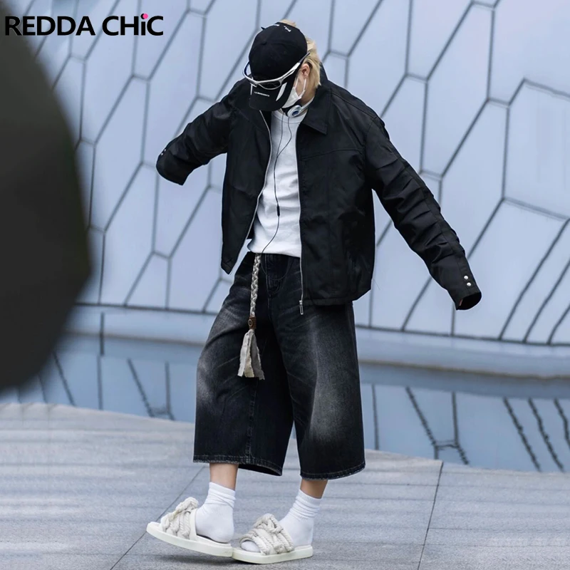 ReddaChic Low Waist Wide Leg Jorts for Men Cleanfit Cropped Black Jeans Whiskers Frayed Denim Short Pants Skater Hiphop Trousers