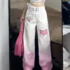 Y2K Pants Gradient Pink Jeans Streetwear Women Harajuku High Waist Straight Trousers Korean Fashion Kpop Kawaii Wide Leg Pants