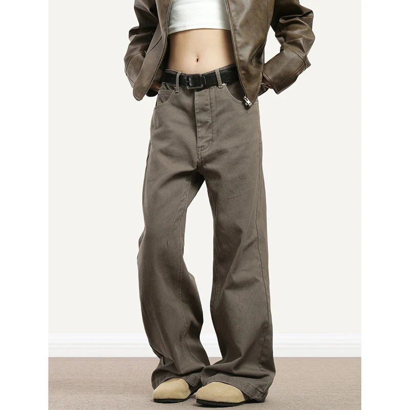 Vintage Brown Jeans Women Japanese Style Retro High Waist Mopping Denim Trousers Loose Straight Leg Trouser