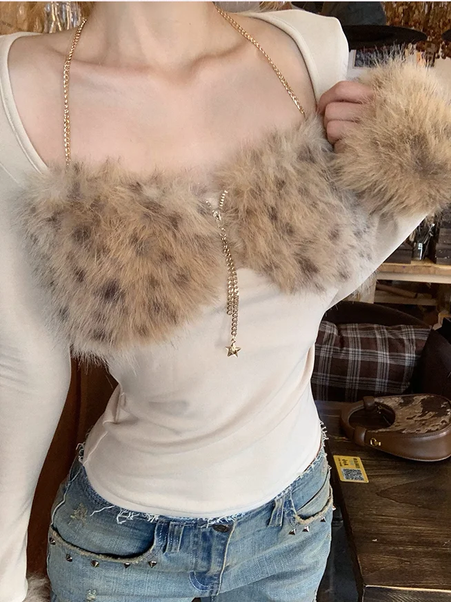 Trendy Leopard Print Fur Stitching Long-sleeved European American Slim Fit Versatile T-shirt Autumn and Winter Harajuku Y2k Tops