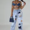 BWQ Women Streetwear Cargo Straight Denim Pocket Patchwork Wide Leg Jeans Pants 2025 Fall Fashion Ripped Out Party Trousers