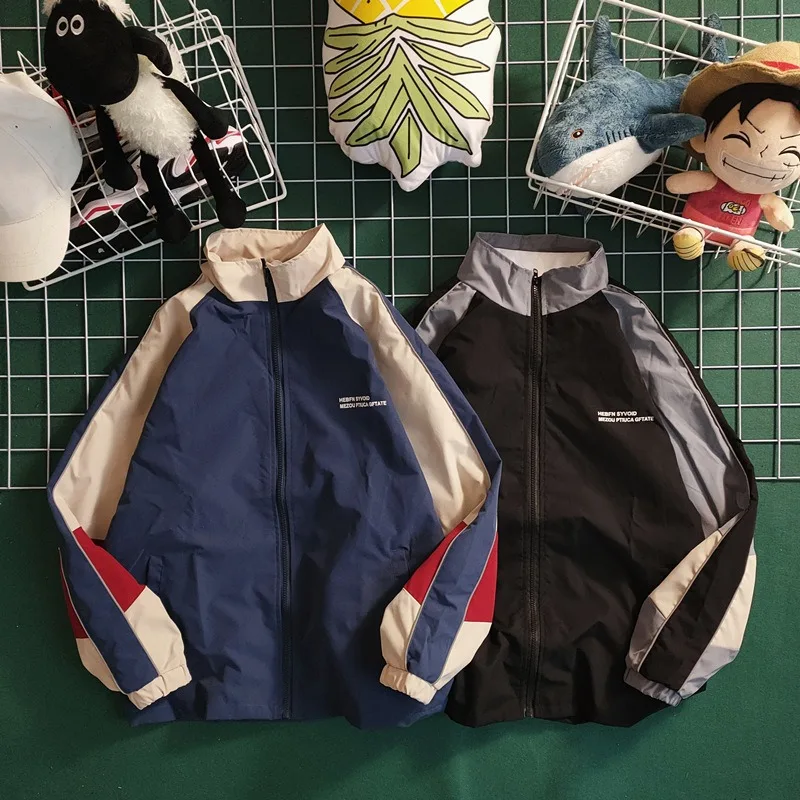 Korean Ins Varsity Jackets Patchwork Couple Streetwear Zipper Lightweight Jackets Color Block Windbreaker Men Women Coat