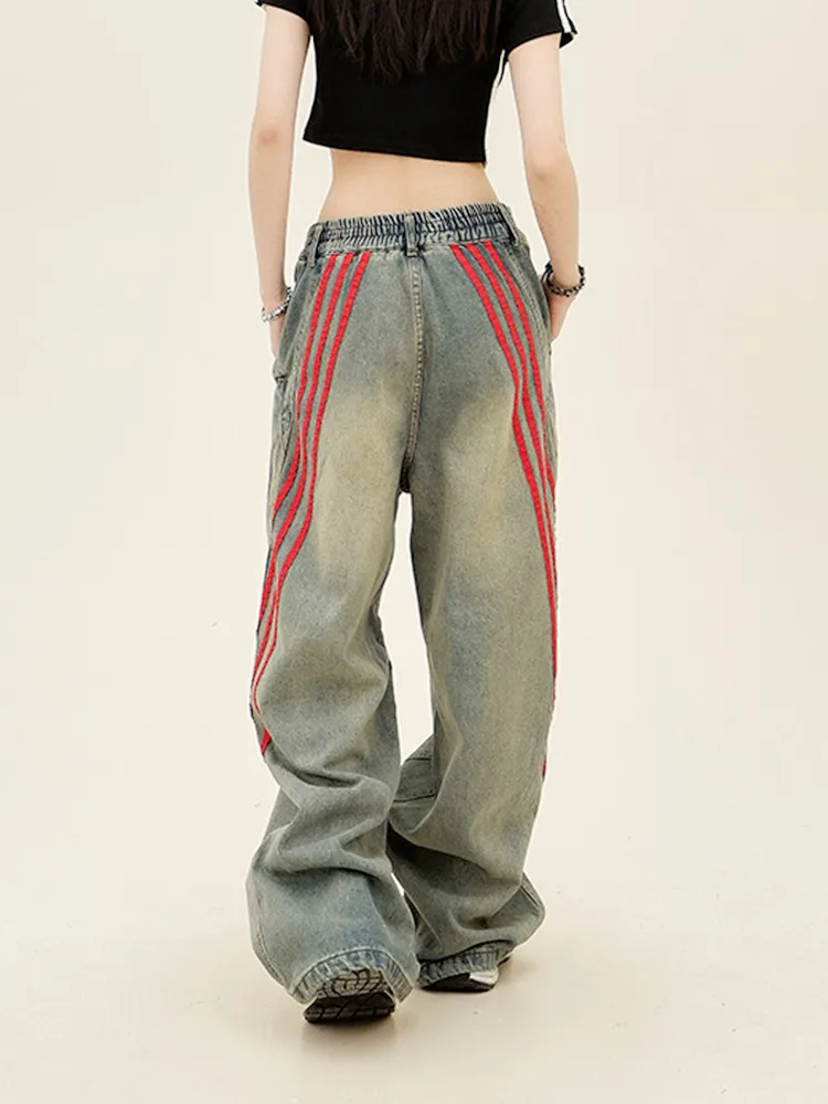 2024 Trashy Y2K Streetwear Old Red Striped Baggy Jeans Pants For Women 90S Clothes Vintage Straight Wide Leg Lady Loose Trousers