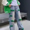 Feynzz Embroidery high street style hiphop flocking jeans autumn wide-leg pants for men and women high waist jeans fashion