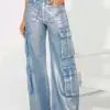Hot Silver Stretch Denim Cargo Pants Women High Waist Streetwear Hip Hop Trousers Female Big Pockets Baggy Jeans Sweatpants y2k